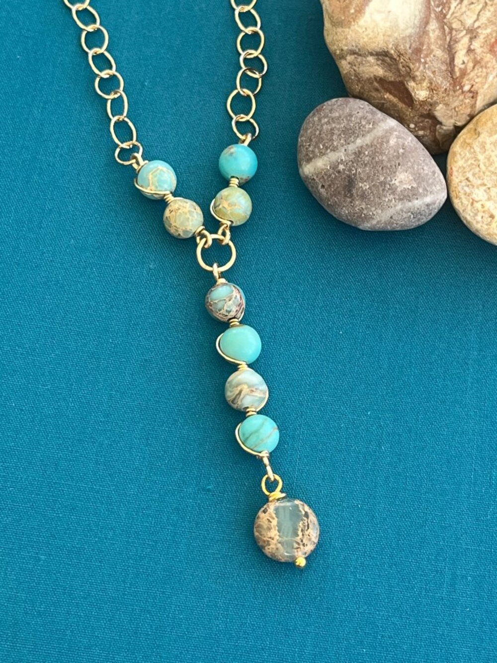 Sea Sediment Jasper Necklace | Aqua Terra Stone on Gold Chain | Boho Chic